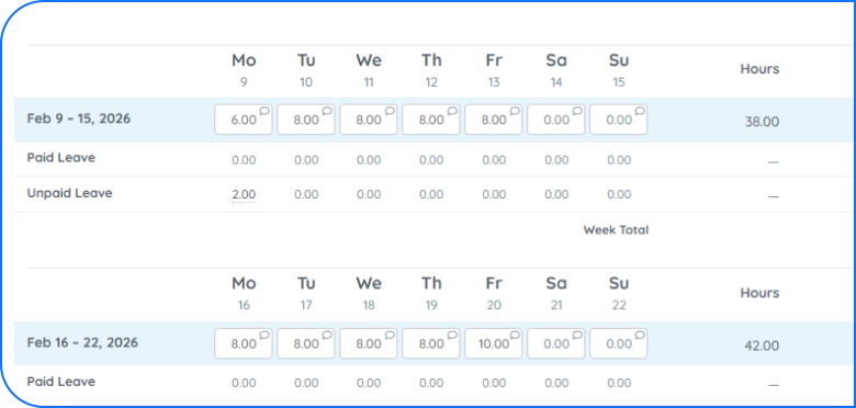 employee timesheet work hours tracking purelyhr PurelyHR timesheet software displaying employee work hours, weekly totals, paid leave and unpaid leave tracking