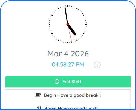Timeclock employee clockin Employee time clock dashboard in PurelyHR displaying active work hours, break tracking and shift management