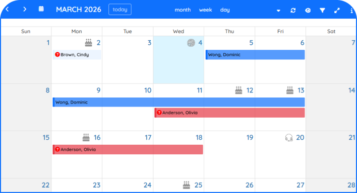 employee leave calendar vacation schedule purelyhr PurelyHR leave management calendar displaying employee vacation time, PTO requests and absence schedules