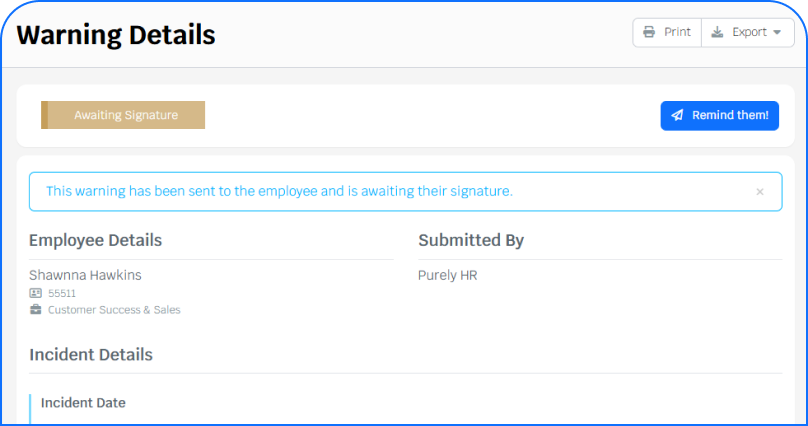 employee warnings details Employee warning details in PurelyHR displaying workplace documentation, incident tracking and pending employee signature