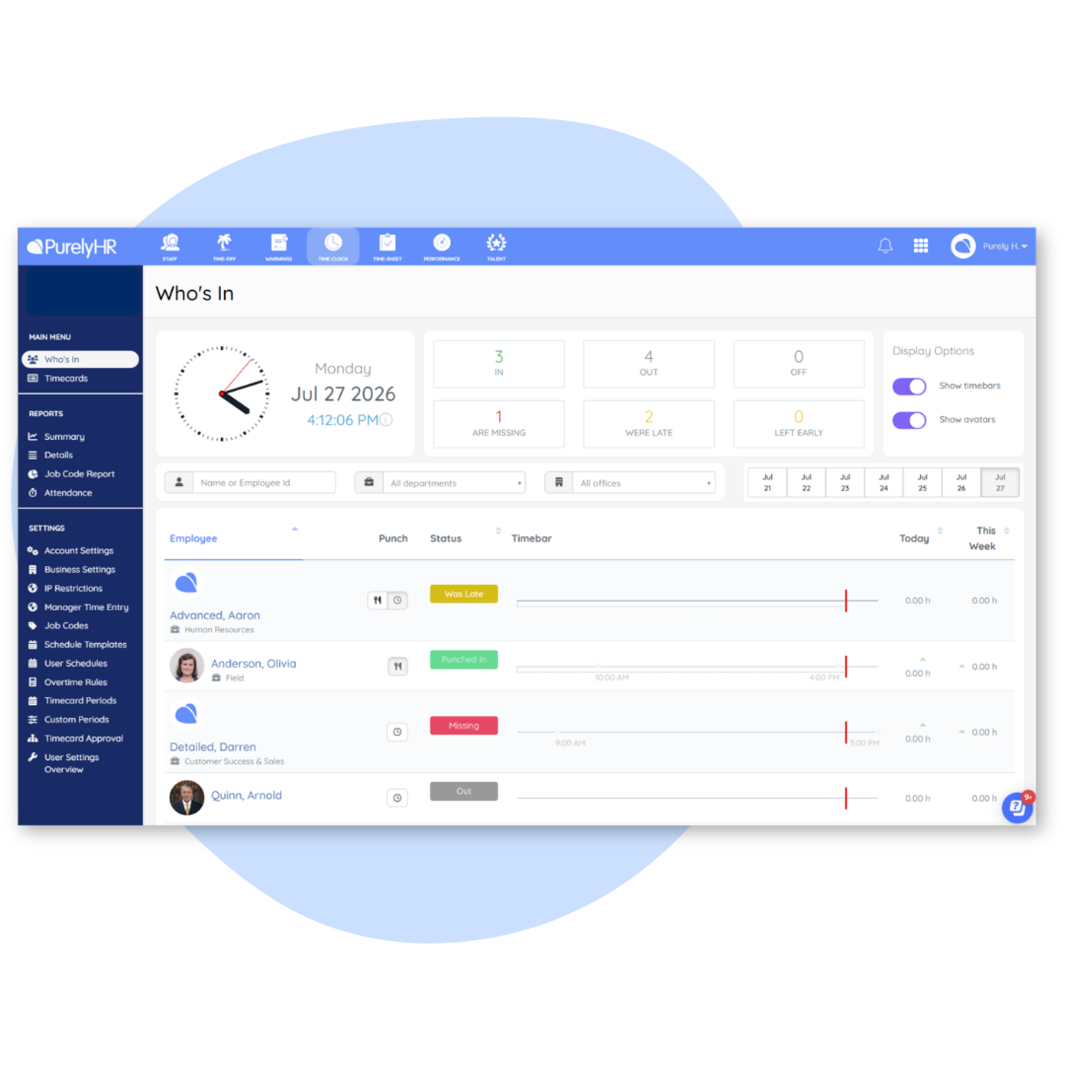 time clock module product image PurelyHR employee time clock software displaying real-time attendance tracking, employee punch status and workforce time management