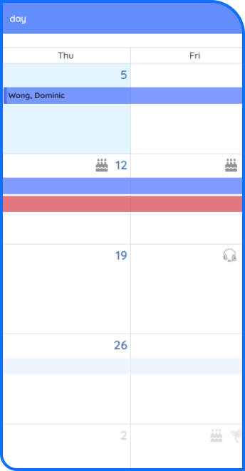 time off calendar view right side Employee absence calendar in PurelyHR displaying scheduled vacation time and leave management records