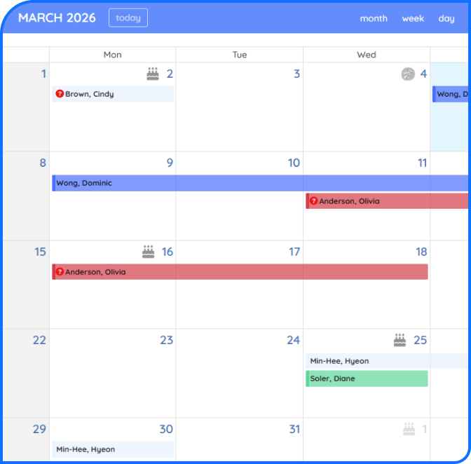 time off calendar view Employee absence calendar in PurelyHR displaying scheduled vacation time and leave management records