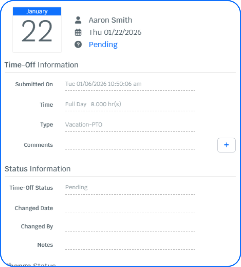 time off request Employee vacation request dashboard in PurelyHR displaying PTO details, leave status and absence management information