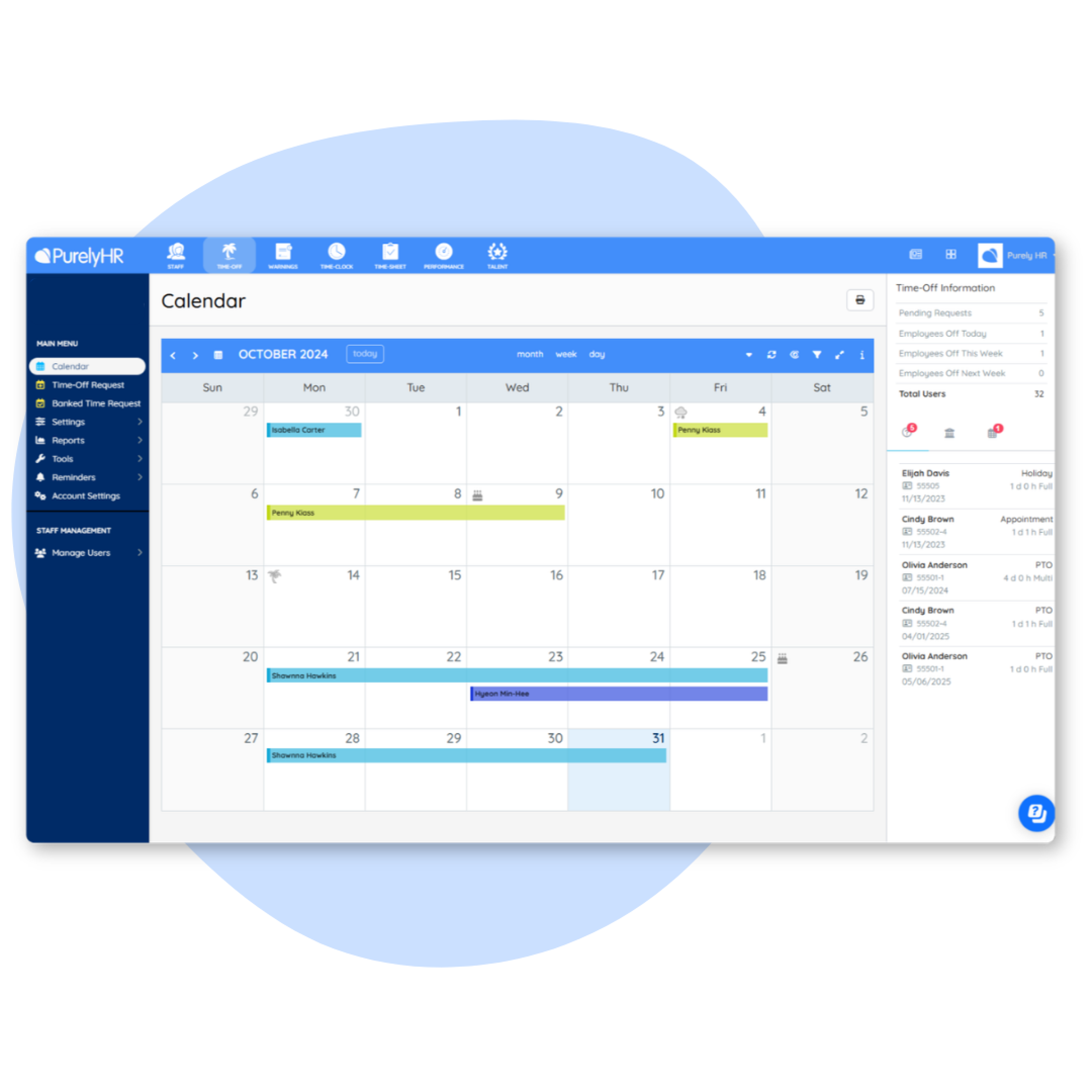 Employee leave calendar in PurelyHR showing vacation tracking, time off requests and absence management