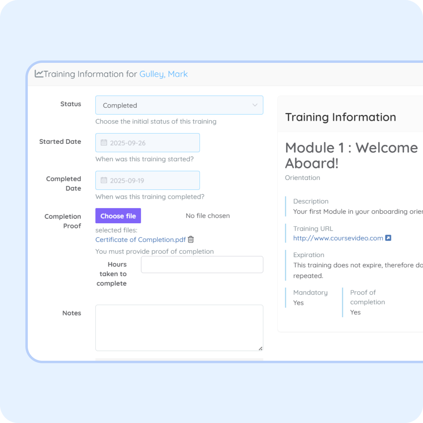 Employee training record in PurelyHR showing completed training, certificate uploads, qualification tracking and learning compliance management
